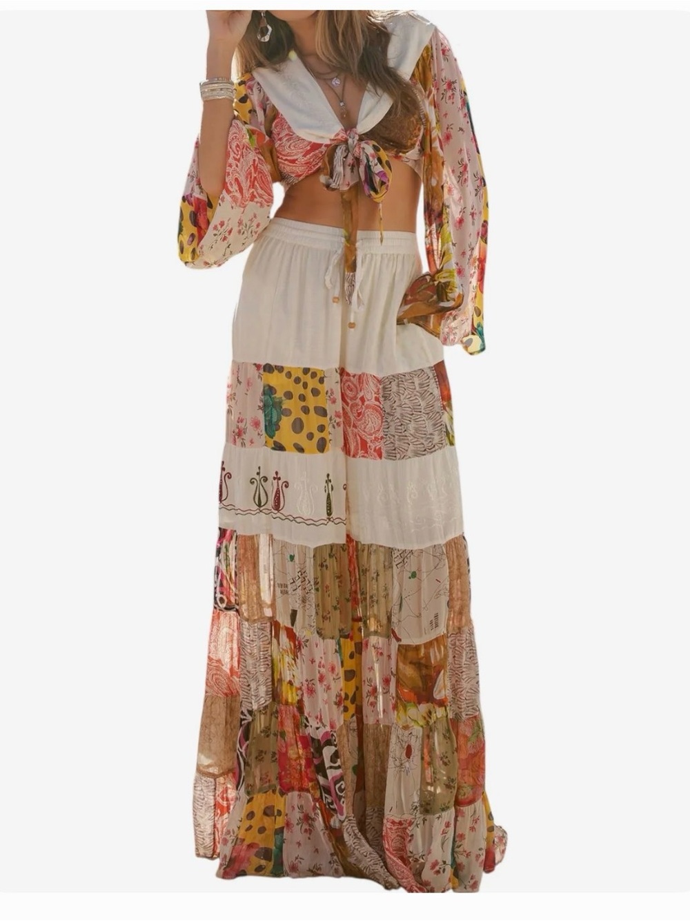 Boho Wide-Leg Patchwork Pants in Cream and Multicolor